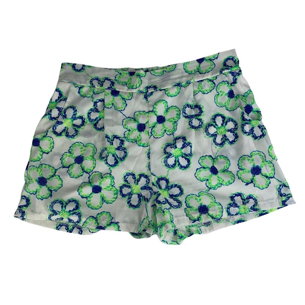 Miin Medium Shorts Floral Lined Boutique 30" Pockets Green Navy Mini Elastic Str